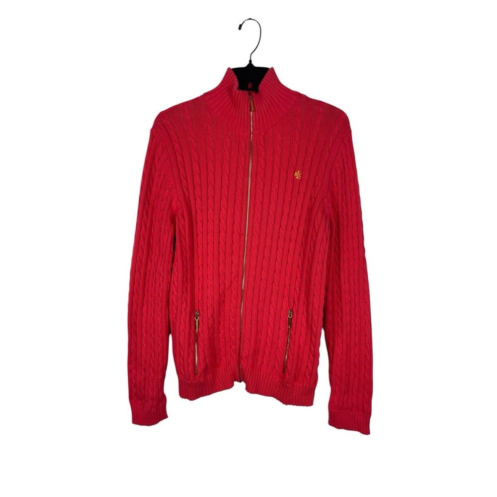 Lauren Ralph Lauren XL Dark Coral Cable Knit Full Zip Sweater Cotton Preppy Logo